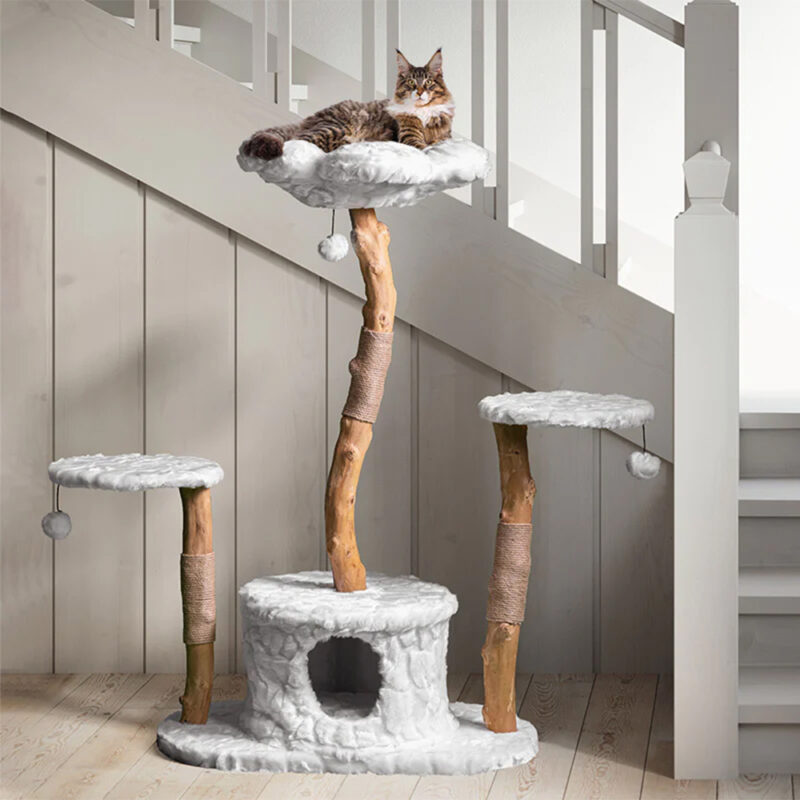 Cat Tree Cat Scratcher Solid Wooden Cat Climbing Frame Cat Nest Flower Plush Removable and Washable Deluxe Log Stand Wear Resistant - Image 7