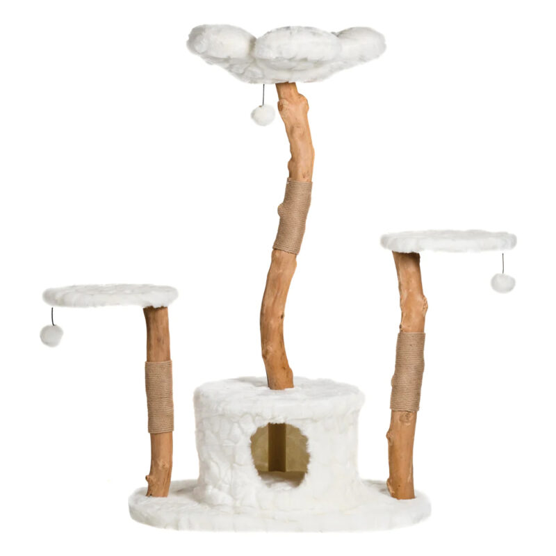 Cat Tree Cat Scratcher Solid Wooden Cat Climbing Frame Cat Nest Flower Plush Removable and Washable Deluxe Log Stand Wear Resistant