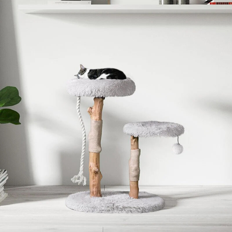 Cat Tree Cat Scratcher Solid Wooden Cat Climbing Frame Cat Nest Flower Plush Removable and Washable Deluxe Log Stand Wear Resistant - Image 2