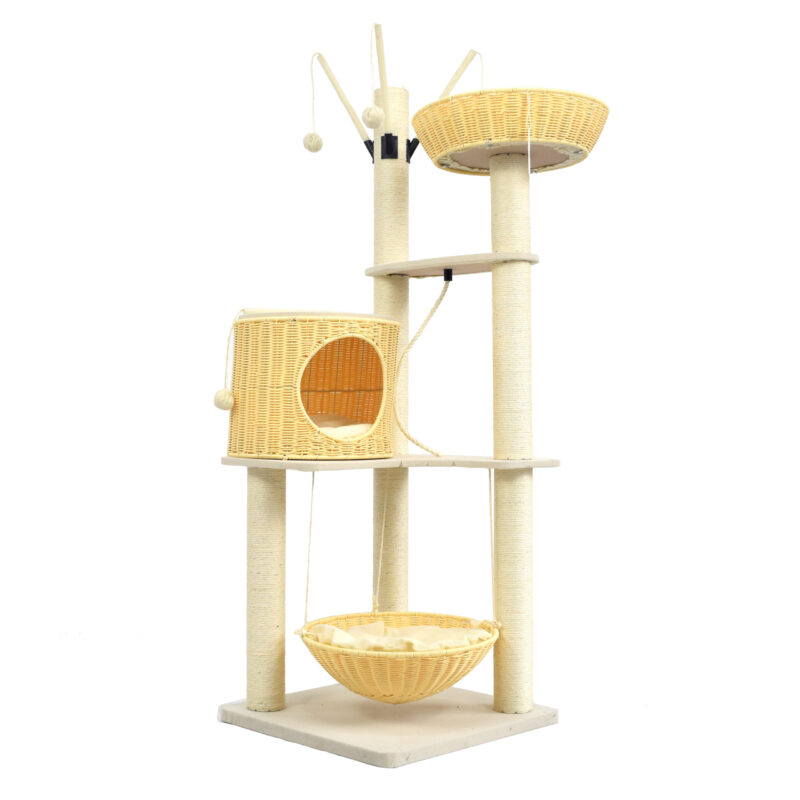 Wicker cat tree with swing nest, handcrafted sisal woven cat tree